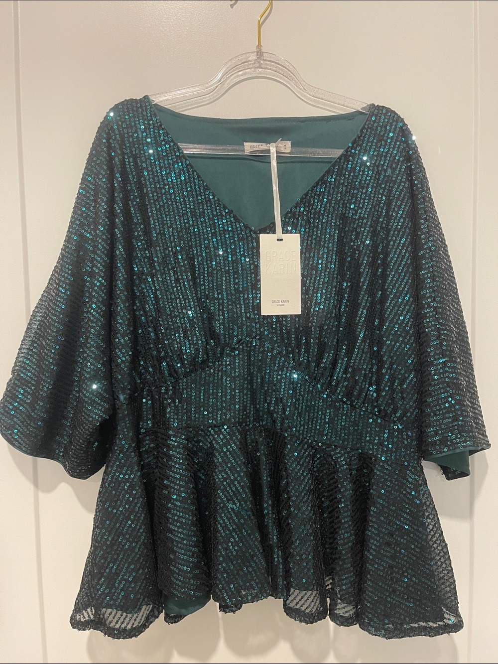 Grace Karin Sequin Top Size 2XL Sleeves peplum lined glam green.  New